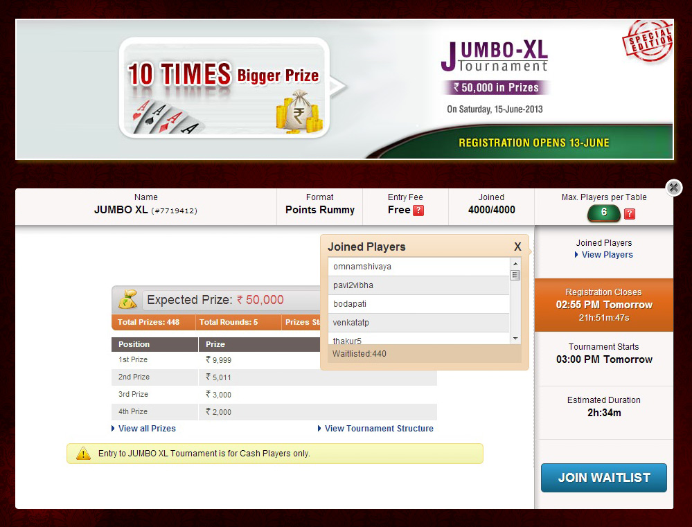 JumboXL Rummy Tournament on RummyCircle OverSubscribed JumboXL Rummy Tournament on RummyCircle OverSubscribed